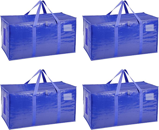 4 Pack-Extra Large Heavy Duty Moving Bags - Waterproof Storage Totes with Handles & Zippers, Foldable for College Dorm, Storage (Blue) by Unknown