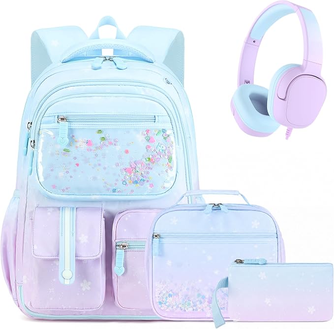 ACESAK Kids Backpack for Girls, Mermaid Backpack Set with Over-ear headphones, Lunch Bag Set for School, Girls Backpack for Elementary Middle school Teen Student(Blue Purple) by ACESAK