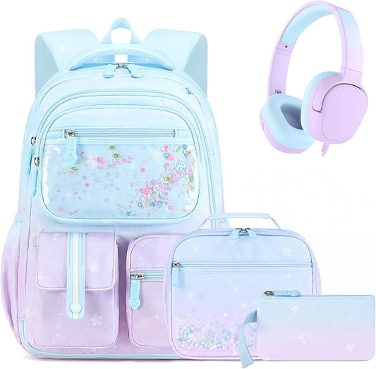 ACESAK Kids Backpack for Girls, Mermaid Backpack Set with Over-ear headphones, Lunch Bag Set for School, Girls Backpack for Elementary Middle school Teen Student(Blue Purple) by ACESAK