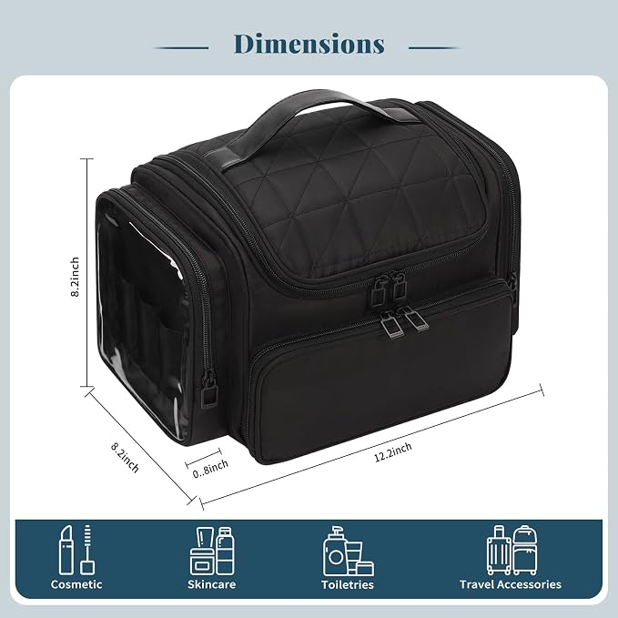 Large Makeup Bag with Jewelry Organizer, Travel Toiletry Bag for Women Girls with Makeup Brush Compartment & Two Side Pockets - XL Black - Image 6