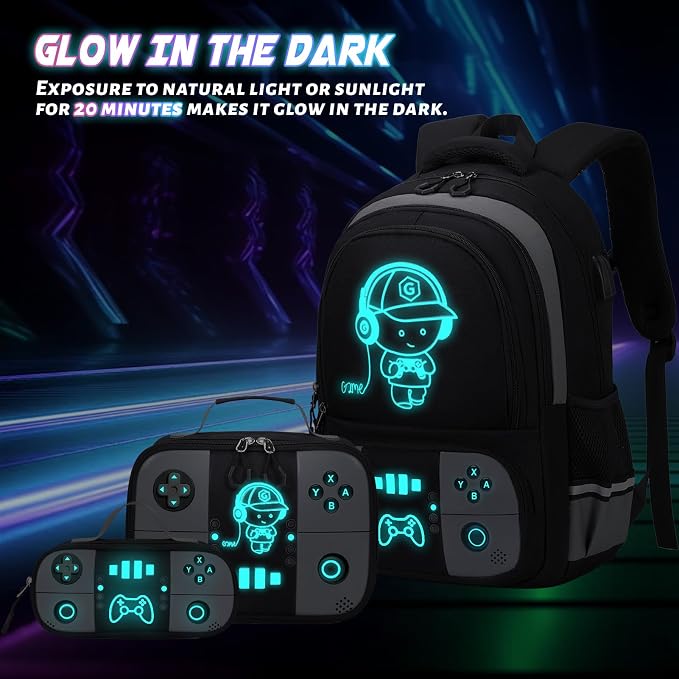 Bevalsa Backpack for School Boys, Cool Luminous Gamer Boys Schoolbag with Lunch Box & Pencil Case Set for Kids Teens Elementary Middle School, Bookbag Glow In The Dark(Black Backpack) - Image 2
