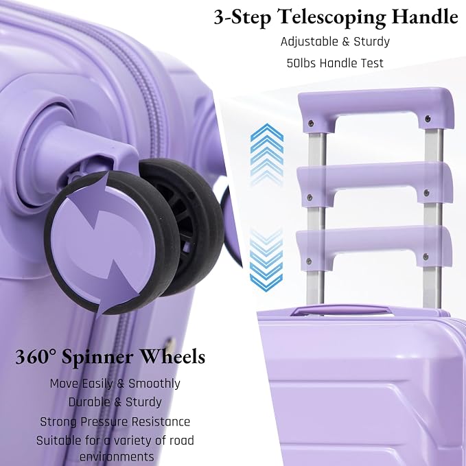 2-Piece ABS Hard Shell Lightweight Carry-On Luggage Set (14" & 20"), 360-Degree Spinner Wheels, Adjustable Telescopic Handle and Combination Lock for Travel, Purple - Image 3