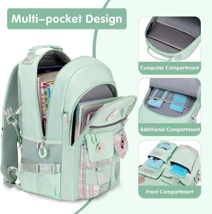 ACESAK Backpack for Girls with Insulated Water Bottle, Bookbag Backpack for Girls Kids, 14oz Kids Water Bottle Stainless Steel, Lunch Bag & Pencial Case, Back To School Gift (Green) - Image 3