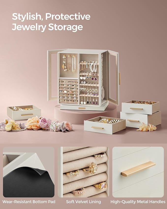 SONGMICS GISELLA Collection - Jewelry Box Organizer 360° Rotating, Vertical Jewelry Storage Case with 5 Drawers, Glass Window, Spacious, Open Design, Great Gift, Cloud White UJBC170W01 - Image 5