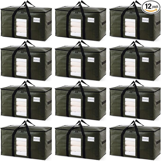 TAILI 12 Pack Green Extra Large Storage Bags, Heavy Duty Totes with Visible Window, Wrap Around Handles, Perfect for Moving and Storage by TAILI