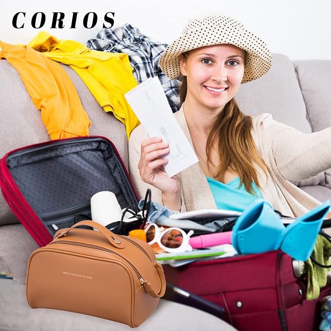 CORIOS Toiletry Bag For Women Portable Make Up Bag Waterproof Wash Bag PU Leather Cosmetic Bag Bathroom Shower Bag Multifunctional Travel Organizer For Shampoo, Cosmetics, Toiletries Brown A - Image 2