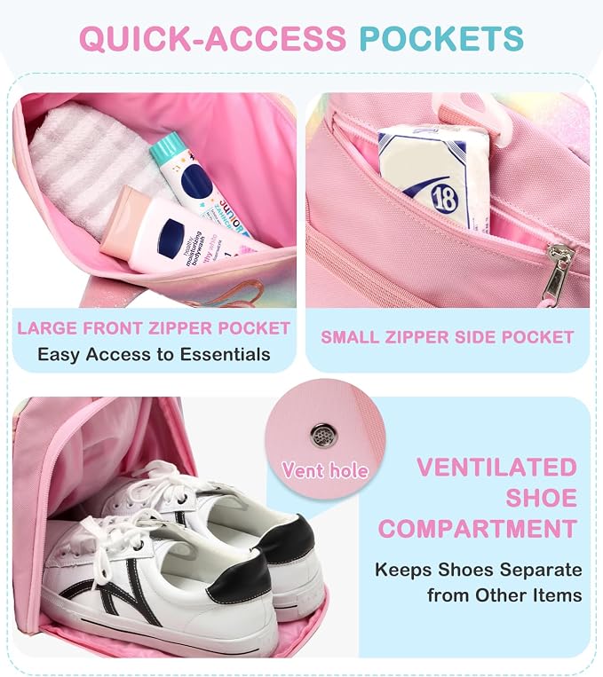 Kids Duffle Bag,VASCHY Travel Bag for Toddler Children Girls Water Resistant Overnight Duffel Ballet Dance Sport Carry On Weekender Bag with Shoes Compartment Dry Wet Pocket Unicorn - Image 4