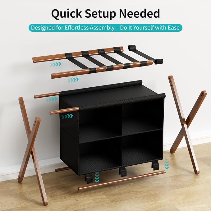 Bamboo Luggage Rack with 4 Storage Compartments, Foldable Suitcase Stand for Guest Room, 150lbs Capacity, Sturdy, Space-Saving and Easy to Assemble Organizer - Image 6