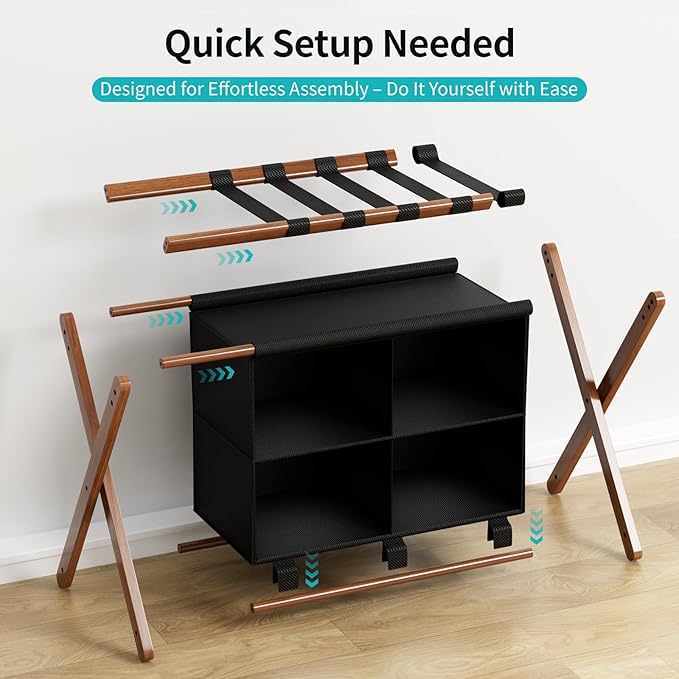 Bamboo Luggage Rack 2 Pack with 4 Storage Compartments, Foldable Suitcase Stand for Guest Room, 150lbs Capacity, Sturdy, Space-Saving and Easy to Assemble Organizer - Image 6