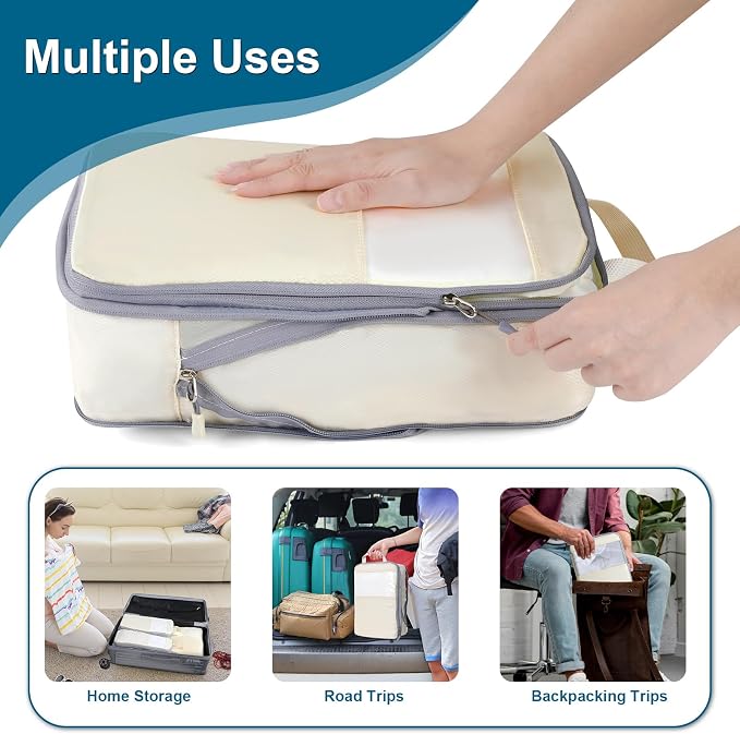 Cozary Suitcase Organiser Packing Cubes Compression Pack of 4 - High Capacity Travel Essentials For Hand Luggage, Suitcase And Backpack - Beige - Image 7