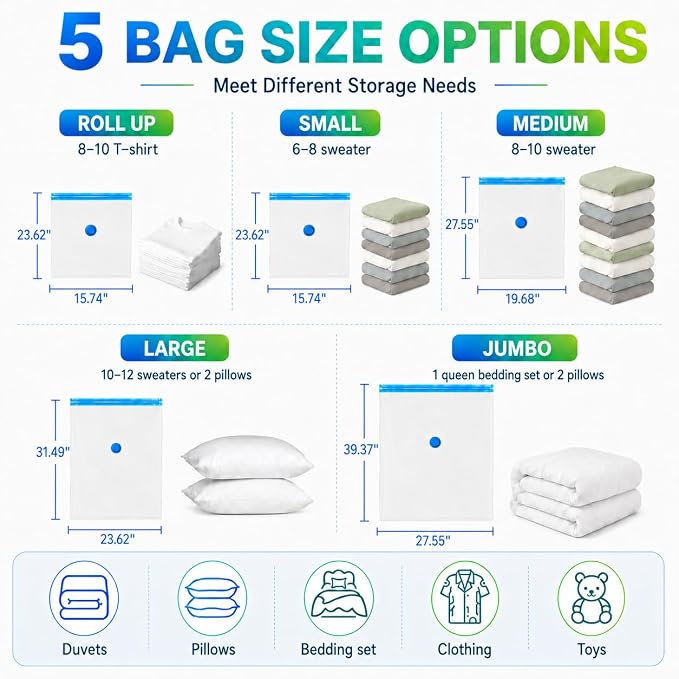 Vacuum Storage Bags,10Pack Vacuum Seal Bags for Clothing,Bedding,Clothes,Comforters,Blankets,Pillows-5 Jumbo+5Large Space Bag Vacuumm Storage Bag Hand Pump Inclued - Image 2