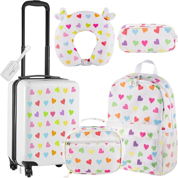 Redbaker 6 Pcs Kids Luggage Set, 17 Inch Rolling Suitcase with Backpack Lunch Bag Neck Pillow, White Love Travel Set for Summer Vacation Sleepover Back to School Gift - Image 9