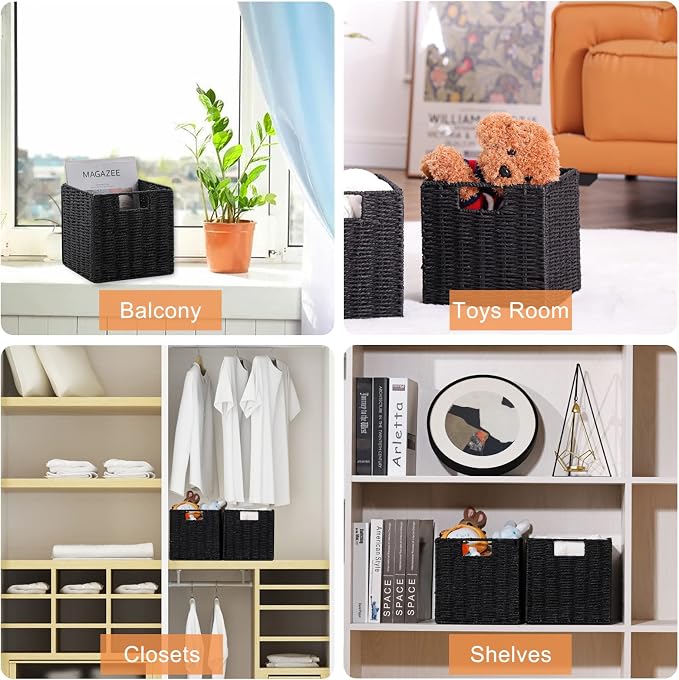 Vagusicc Wicker Basket, Set of 2 Woven Storage Baskets for Shelves, Foldable Cube Storage Basket Bins with Handles, 9 inch Small Storage Baskets for Organizing Pantry Bedroom, Black - Image 5