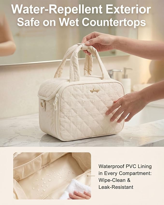 VPBAGE Large Quilted Toiletry Bag for Women, Puffy Travel Makeup Organizer with Removable Divider & Shoulder Strap, Waterproof Standing Cosmetic Case for Full-Size Toiletries, Gym, Vacation - Image 3