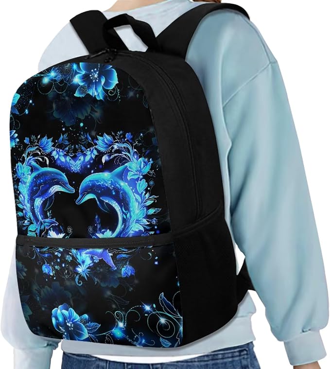 Dolphin Backpack for Girls Kids Backpack with Lunch Box Water Bottle Pouch and Aesthetic Pencil Case 4PCS Set Cute Bookbag with Front Pocket for School Teens 17 inch Large Capacity School Bag - Image 2