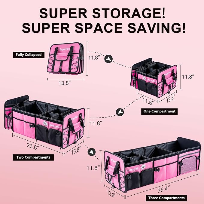SugarFox Bold Color Block Trunk Organizer | 95L, 35"x13.8"x11.8" | Dedicated Shoe Storage & 26L Ice Pack | Foldable for SUV/Car/Jeep | Stylish Gift & Car Accessories for Men & Women - Pink-X212 - Image 4