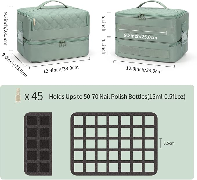 OCHEAL Nail Polish Organizer, Holds Nail Lamp and 45+ Bottles,3 Usage Modes Detachable Nail Storage Bag Travel Nail Tech Case Holds Nail Kit Stuff Manicure Tools -Green - Image 5