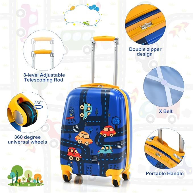 HONEY JOY Kids Luggage, 12" Toddler Backpack & 18" Travel Suitcase with Wheels, Lightweight Toddler Suitcase, Durable ABS Hardshell, 2Pcs Carry On Luggage Set for Boys Girls (Car) - Image 9