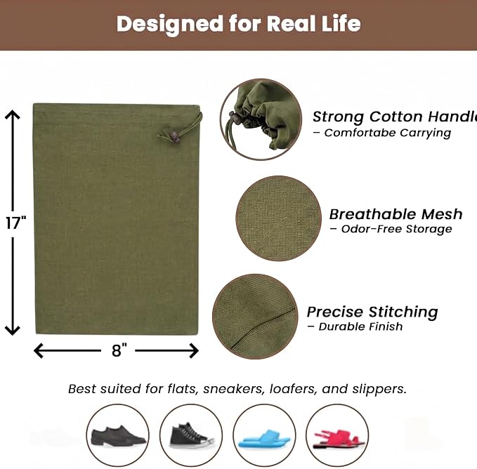 LFH Cotton Rich Shoe Storage Bags with Drawstring, Breathable Dustproof Reusable Shoe Organizer for Travel, Gym, Dorm, Hotel, Machine Washable Easy Carry 8"x17" (Pack of 4), Military Green - Image 2