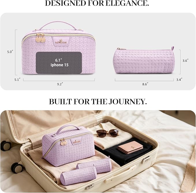 Travel Makeup Bag for Women: Designer 3 Pcs Set Cosmetic Bags for Women - Large Capacity Vagen Leather Hand-made for Toiletry Organizer - Ladies Travel Flat Open Essentials for Luxury (06Purple) - Image 7