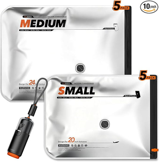 Vacbird 10 Pack Vacuum Bags for Travel with USB & Battery 2-in-1 Rechargeable Cordless Pump, Vacuum Seal Compression Packing Bags for Luggage and Suitcase, Space Saver for Travel Clothing Storage by Vacbird