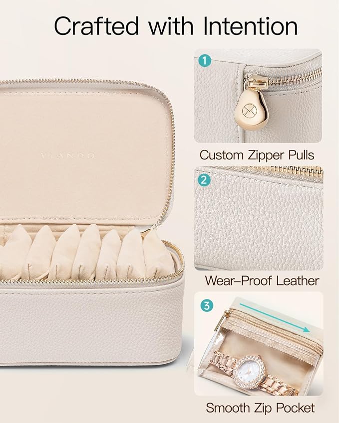 VLANDO Travel Jewelry Case with 8 Velvet Jewelry Bags Jewelry Travel Organizer Box for Girls Jewelry Box for Rings Earrings Brides Gifts Birthday Gifts for Women Teen(White) - Image 2