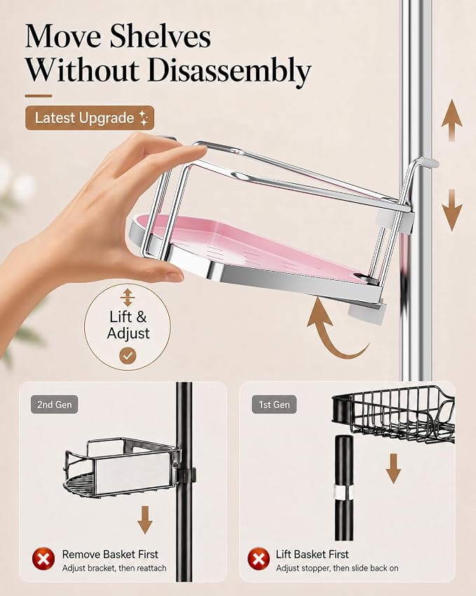 ALLZONE Corner Shower Caddy Tension Pole, 4 Hang-On Basket with Mixed-Height Shelves for Various Bottle Sizes, Extra Hooks & Soap Holder, Rustproof Stainless Steel, Fits 34–116 Inch, Silver/Pink - Image 2