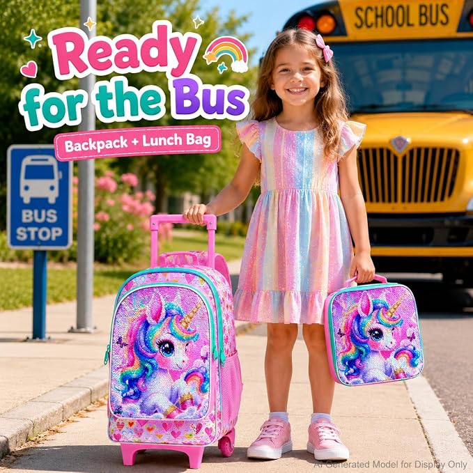 AGSDON 3PCS Rolling Backpack for Girls Boys, Kids Roller Wheels Bookbag, Wheeled School Bag with Lunch Bag - Image 7