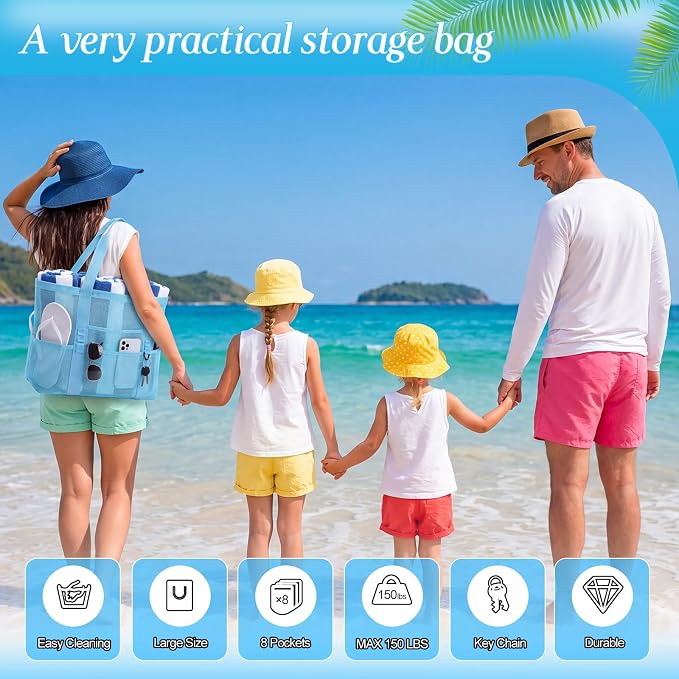 Hillban Large Beach Mesh Bags Bulk for Women Beach Tote Bag with 8 Pocket Zipper Waterproof Sandproof for Pool Cruise Ship - Image 5