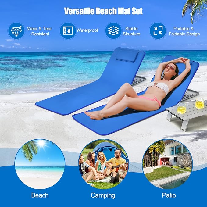 GYMAX Beach Chairs, Folding Tanning Lounge Chairs with Table Set, Adjustable Patio Floor Chair, Outdoor Sunbath Chair with Desk, Pillow & Storage Bag for Outside, Patio, Poolside (Blue) - Image 6