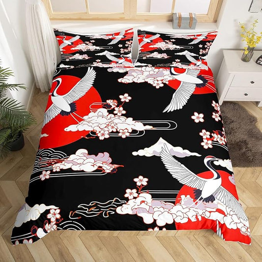 Erosebridal Crane Duvet Cover Full Size Japanese-Style Bedding Set Cherry Blossoms Pattern Adult Women Girls Comforter Cover 3 Pieces Japanese Traditional Pattern Decor Comforter Set with Zipper Ties by Erosebridal