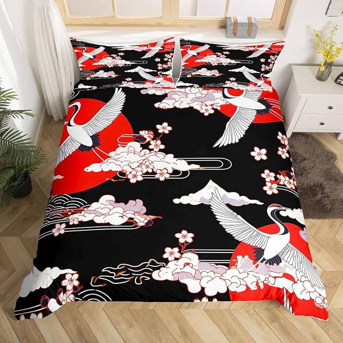 Erosebridal Crane Duvet Cover Full Size Japanese-Style Bedding Set Cherry Blossoms Pattern Adult Women Girls Comforter Cover 3 Pieces Japanese Traditional Pattern Decor Comforter Set with Zipper Ties by Erosebridal