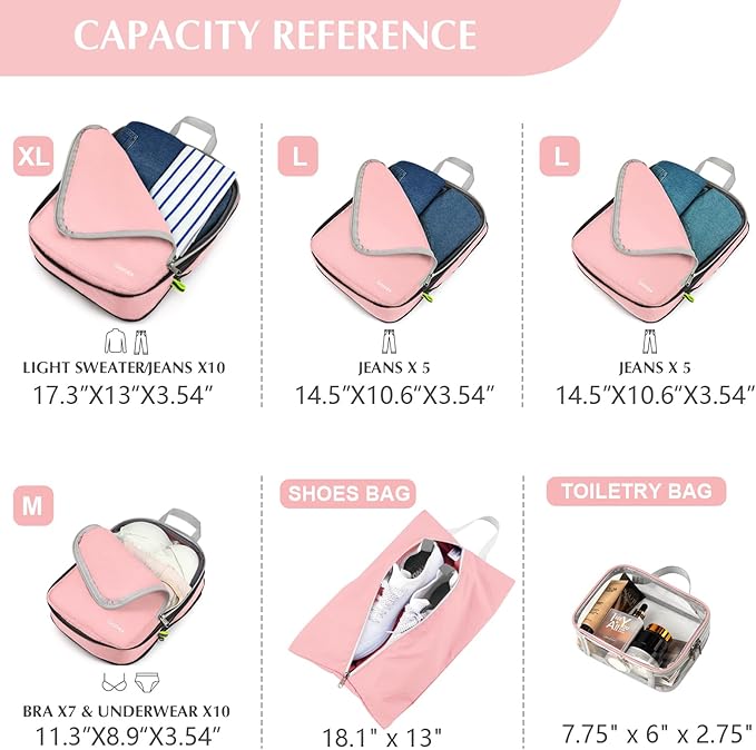 Gonex Compression Packing Cubes, 6pcs Expandable Storage Travel Luggage Bags Organizers with Shoe Bag, Clear Toiletry Bag (Pink) - Image 5
