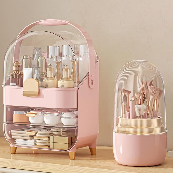 Makeup Organizer Countertop, Skincare Holder Bathroom Counter Organizer, Storage Box Cosmetic Display Cases, Teen Girl Gifts Make up Organizers (Pink/Brush) by Anylady