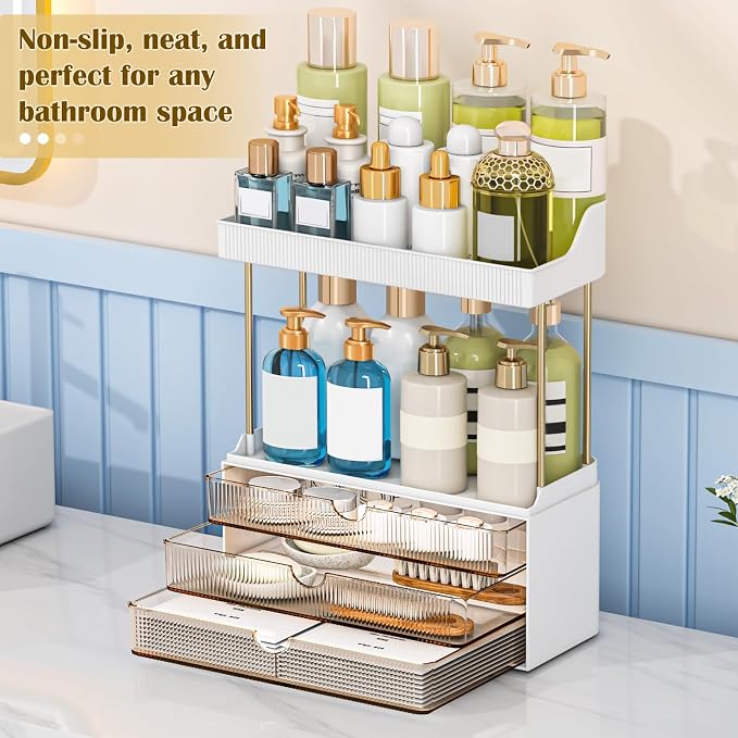caktraie Bathroom Organizers and Storage - 3 Drawers 2 Tier Makeup Organizer, Cosmetic Storage Drawer for Dresser Countertop and Bathroom Vanity for Large Skincare, Perfume, Amber - Image 3