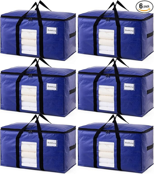 TAILI 6 Pack Dark Blue Extra Large Storage Bags, Heavy Duty Totes with Visible Window, Wrap Around Handles, Perfect for Moving by TAILI