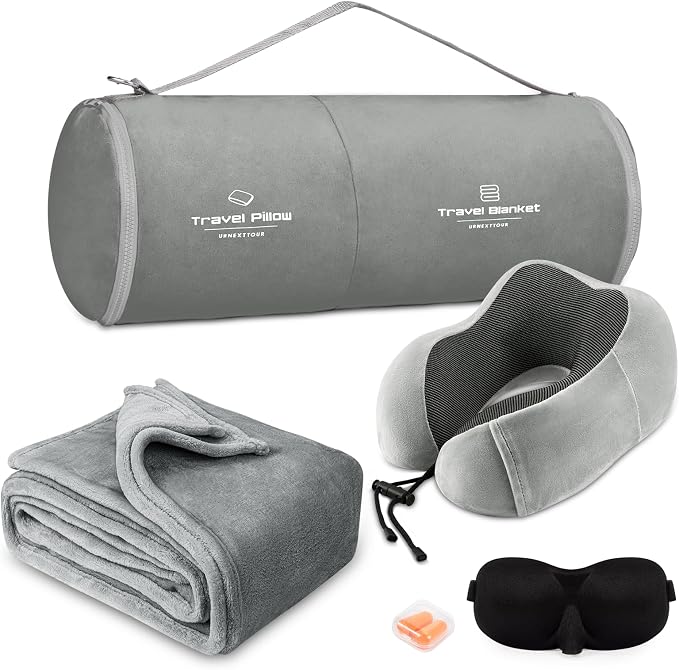 urnexttour Travel Pillow and Blanket Set Neck Pillows Travel Essentials with Sleep Mask for Airplane Car Memory Foam Grey by Urnexttour