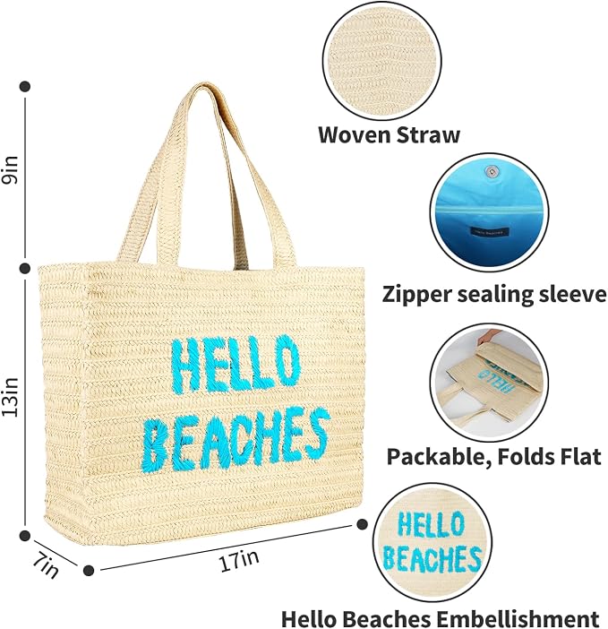 Hello Beaches A Packable Beach Bag | The Straw Beach Tote Bag of 2025 | Beach Bags for Women Vacation | Large Beach Bag - Image 8