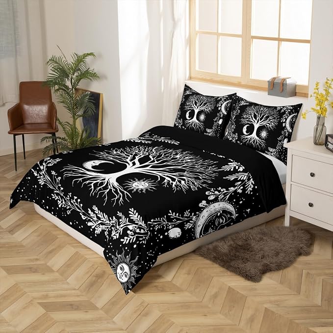 Erosebridal Tree of Life Bedding Set Sun and Moon Comforter Cover Queen Kids Teens Bedroom Decor Black and White 3 Pcs Duvet Cover Gothic Bohemian Flower Bedding Galaxy Stars Constellations Bedspread - Image 5