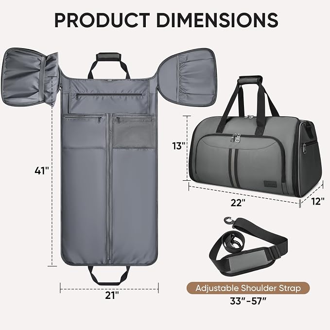 BALEINE Travel Garment Bag, Travel Suit Bag for Men, Water Resistant Carry on Garment Bag for Hanging Clothes, Garment Duffel Bag for Travel Business (Dark Gray-Convertible) - Image 2