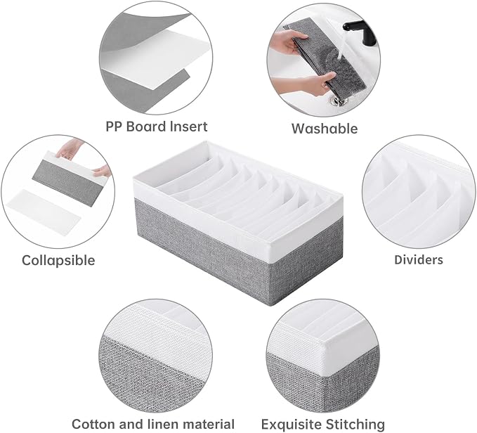 4 Packs T-shirt Drawer Organizers for Clothing,10 Grids Compartment Wardrobe Storage Box, Clothes Organizer for Folded Clothes, T-shirt, Legging-15.75''x9.06''x5.91''-GreyWhite - Image 5