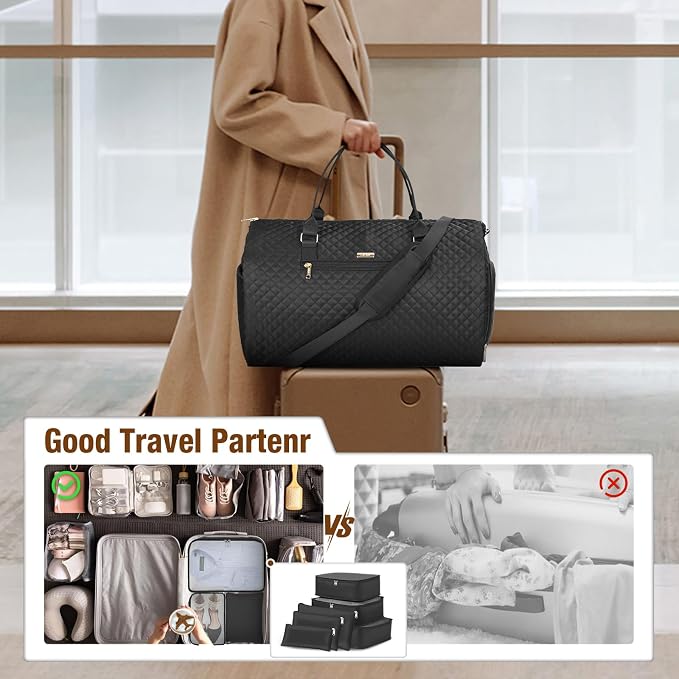 Garment Bags with 6 Set Packing Cubes, Garment Convertible Weekender Bag for Women, Large Carry On Garment Bags for Travel, Duffle Bag Garment Bag Gifts Black Color - Image 8