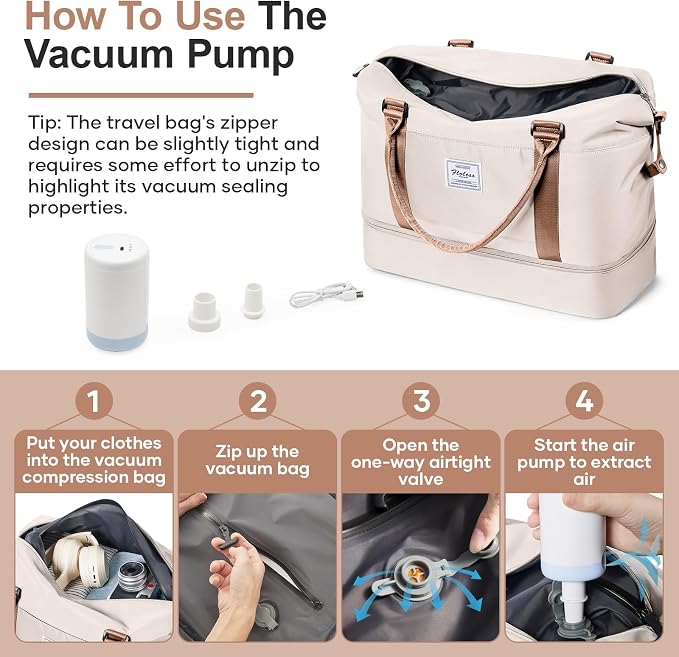 Weekender Bags for Women, Personal Item Travel Bag with Shoes Compartment | Vacuum Overnight Travel Duffel Bag with Air Pump & Compression Pocket - Image 3