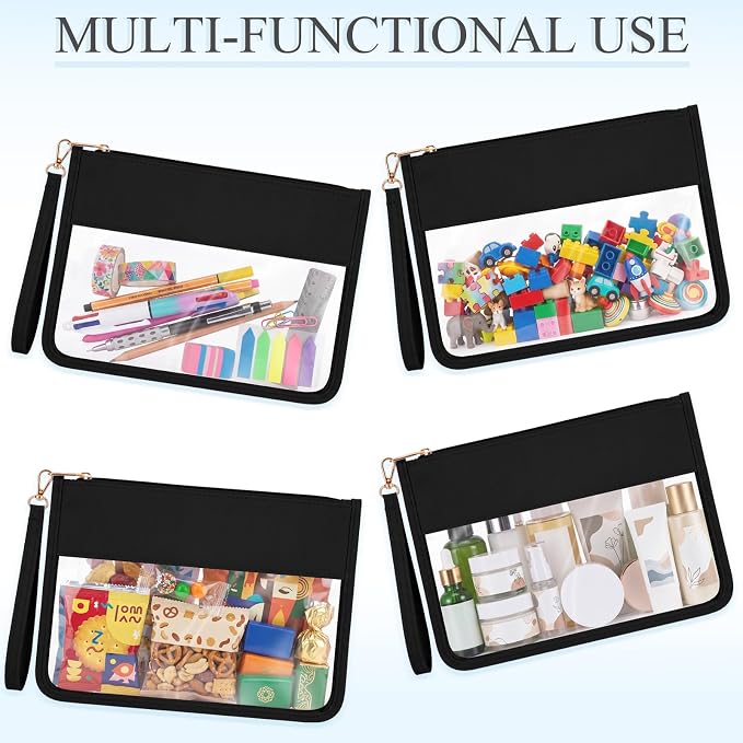 Sweetude 24 Pcs Clear Makeup Bags with Wristlet Pouch DIY Chenille Letter Bag Bulk Waterproof Toiletry Flat Preppy Nylon Clear Zipper Pouches Snack Organizer for Women(Black) - Image 4