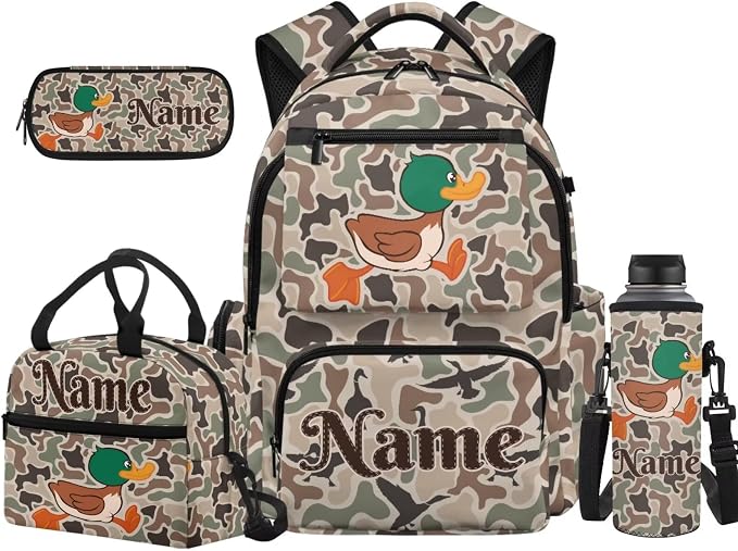 Custom Duck Camo Kids Backpack Set 4Pcs with Lunch Box, 17 Inch | Water Bottle Holder, Durable 600D Multi-Pocket Fabric, for Elementary Middle School Daily Travel and Outings by Unknown