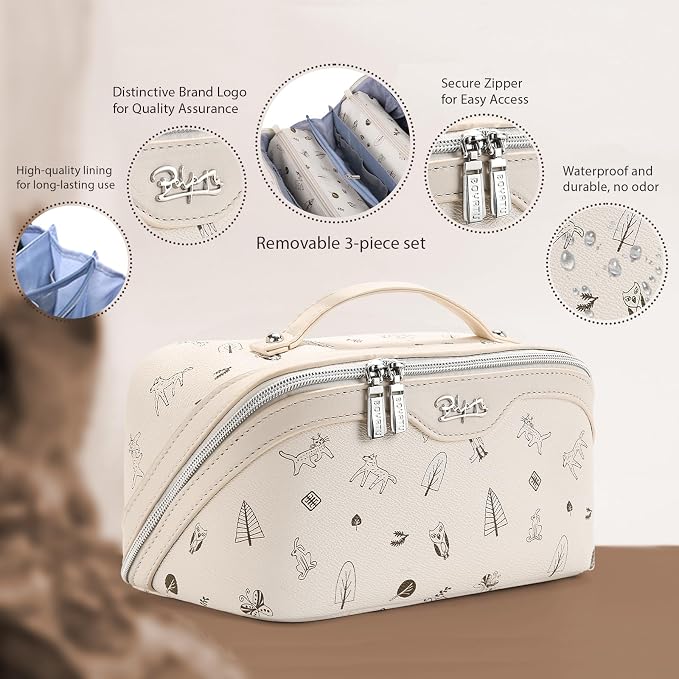 BOYATU Travel Makeup Bag Cosmetic Bags for Women: 3 Pcs Set Portable Make up Bag with Handle - PU Leather Toiletry Bags with Compartments - Makeup Organizer for Travel Essentials(L-4-White) - Image 2