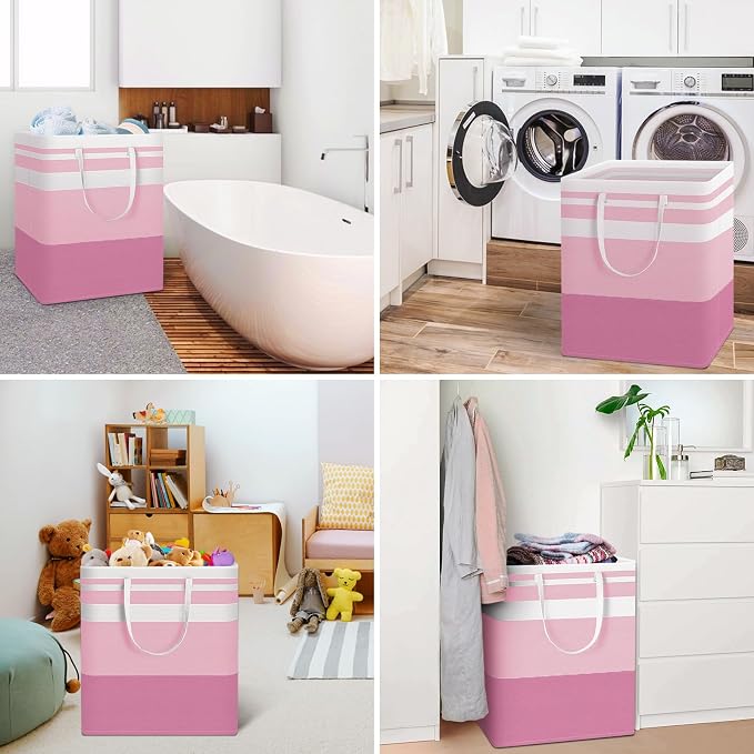 HomeHacks 2 Pack Large Laundry Baskets, Waterproof, Freestanding Laundry Hampers, Collapsible Clothes Hamper with Reinforced Handles in Laundry, College Dorm, Bathroom, Bedroom (Pink, 100Lx2) - Image 6