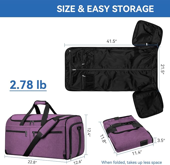 Large Garment Bag for Travel, Bukere Convertible Suit Travel Garment Duffel Bag for Women Business, Shoe Compartment, Detachable Shoulder Strap, 2 in 1 Hanging Suitcase Suit Travel Bags, Purple - Image 2