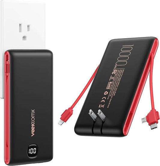VEEKTOMX Portable Charger with Built in Cables 10000mAh, Power Bank for iPhone with AC Wall Plug, Fast Charging USB C Slim Battery Pack with LED Display Compatible with iPhone 17/16/15/14, Samsung