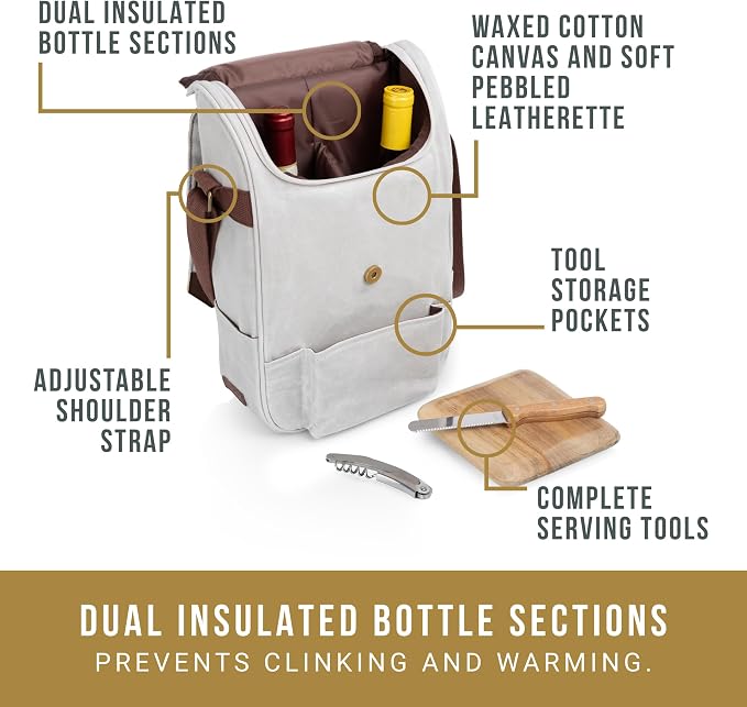Picnic TIME 2 Bottle Insulated Wine Bag with Cheese Board and Knife Set, Wine Picnic Bag, Natural Waxed Canvas Wine Tote, (White) - Image 6